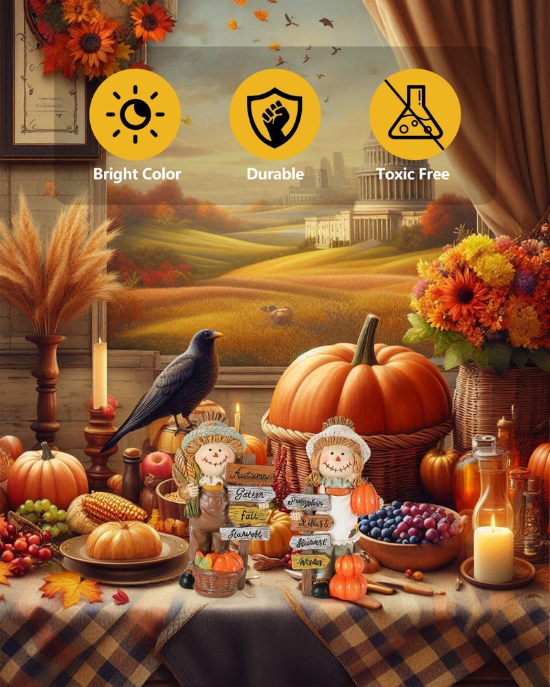 GoGnome 2-pack تماثيل فزاعة الشكر مع لوحات الخريف الملهمة - الراتنج المتين 5.5 بوصة ديكور طاولة عيد الشكر - ديكورات الخريف هدايا الحصاد الداخلية والخارجية (الفزاعات) - Image 4
